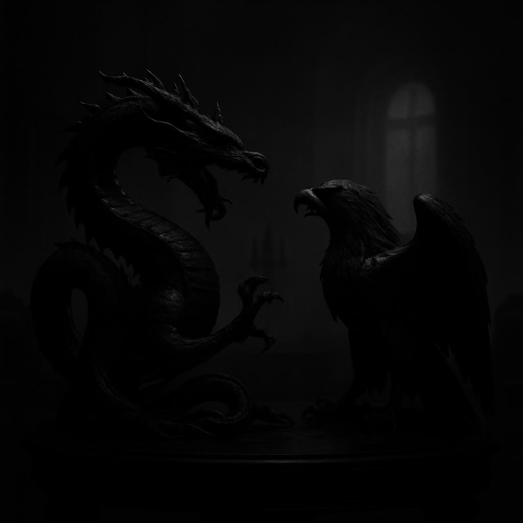 Silhouetted dark creatures (dragon and eagle) in a confrontation in a dark setting.