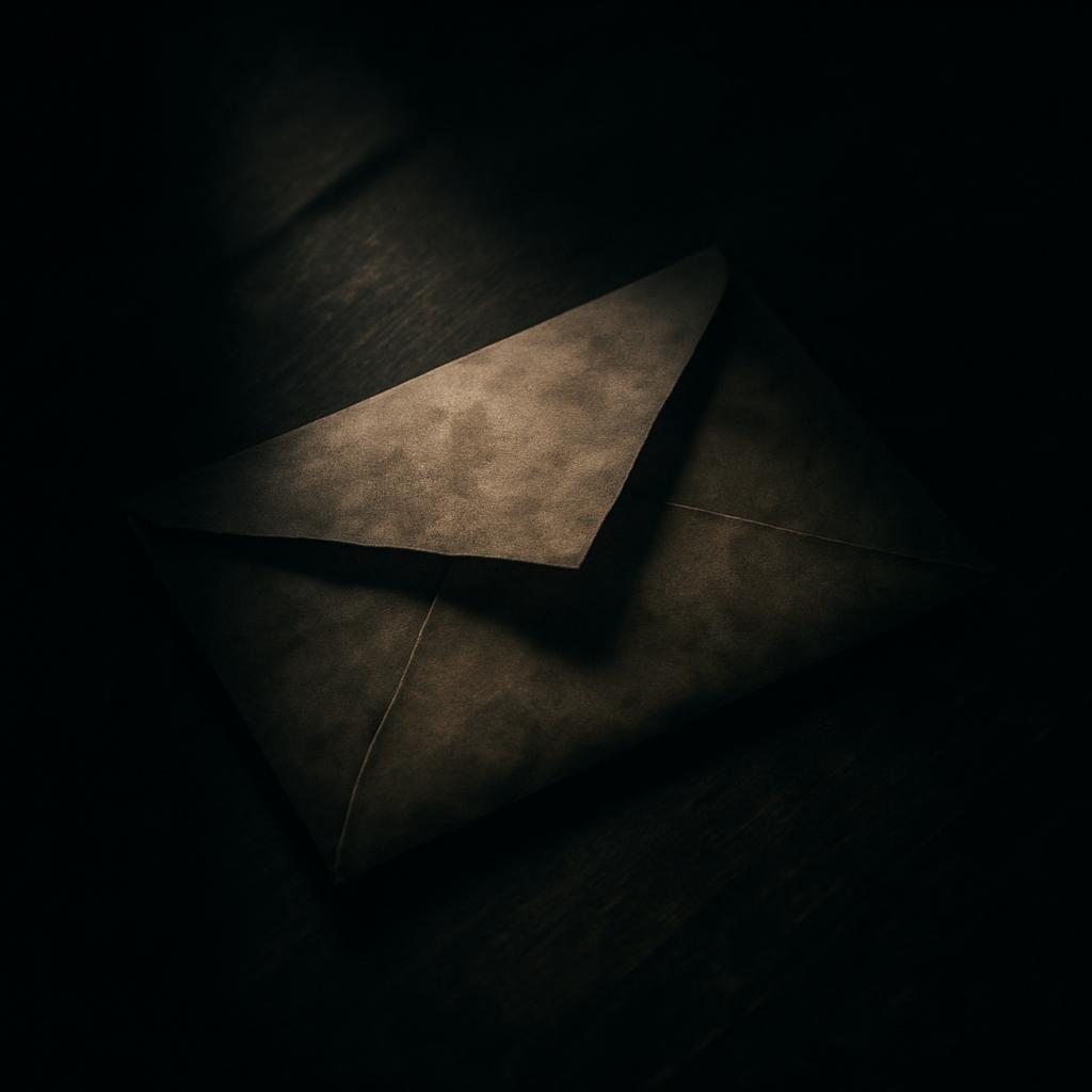 A shadow cast on a brown surface, possibly a piece of paper or cardboard, set against a dark background with moody lighting.