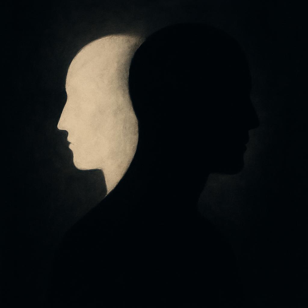the duality of mankind, symbolizing both the light and dark aspects of human nature, in a minimalist, abstract digital-art style